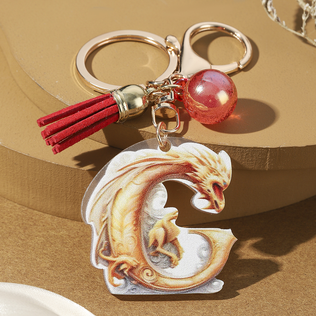 Casual Simple Style Letter Dragon Arylic 3d Print Tassel Plating Gold Plated Bag Pendant Keychain display picture 5