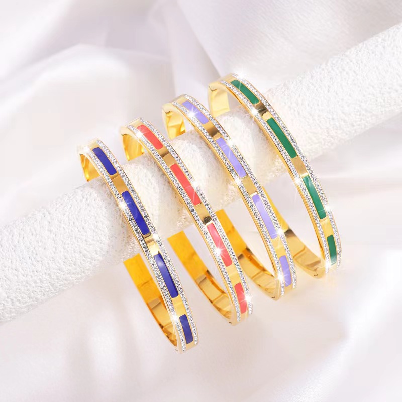 Simple Style Lines Stainless Steel Enamel Inlay Zircon Bangle display picture 2