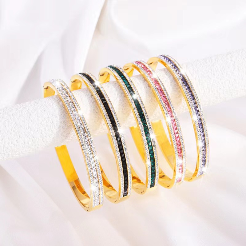 Simple Style Lines Stainless Steel Enamel Inlay Zircon Bangle display picture 4