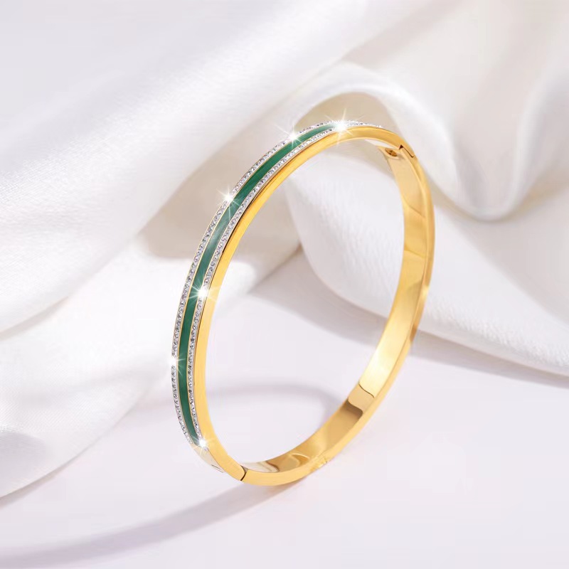 Simple Style Lines Stainless Steel Enamel Inlay Zircon Bangle display picture 5
