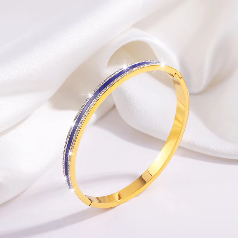 Simple Style Lines Stainless Steel Enamel Inlay Zircon Bangle display picture 7