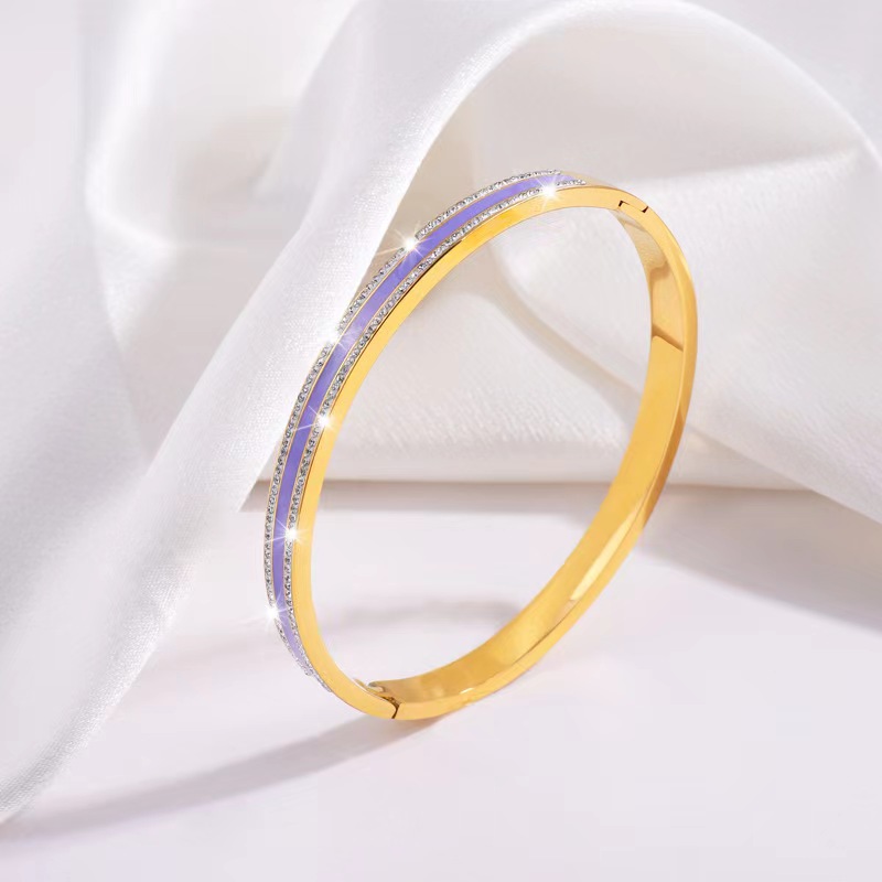 Simple Style Lines Stainless Steel Enamel Inlay Zircon Bangle display picture 8