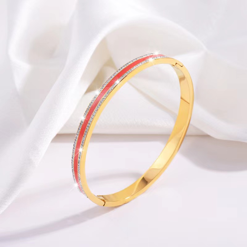 Simple Style Lines Stainless Steel Enamel Inlay Zircon Bangle display picture 6