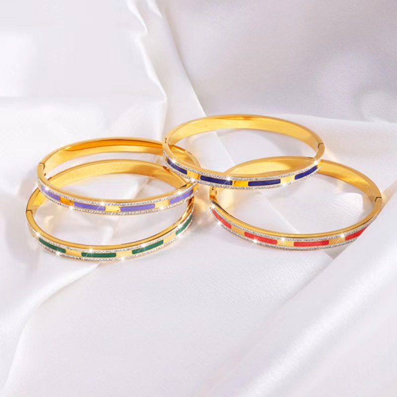 Simple Style Lines Stainless Steel Enamel Inlay Zircon Bangle display picture 3