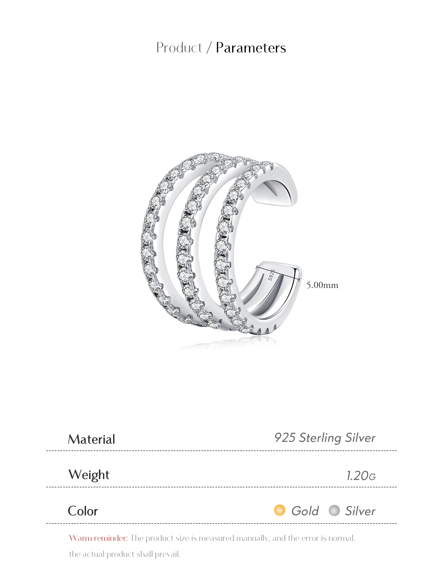 Mode S925 Sterling Silber Drei-schicht Diamant-embedded Ohr Clip Punk Nicht-durchbohrt Ohrringe display picture 1