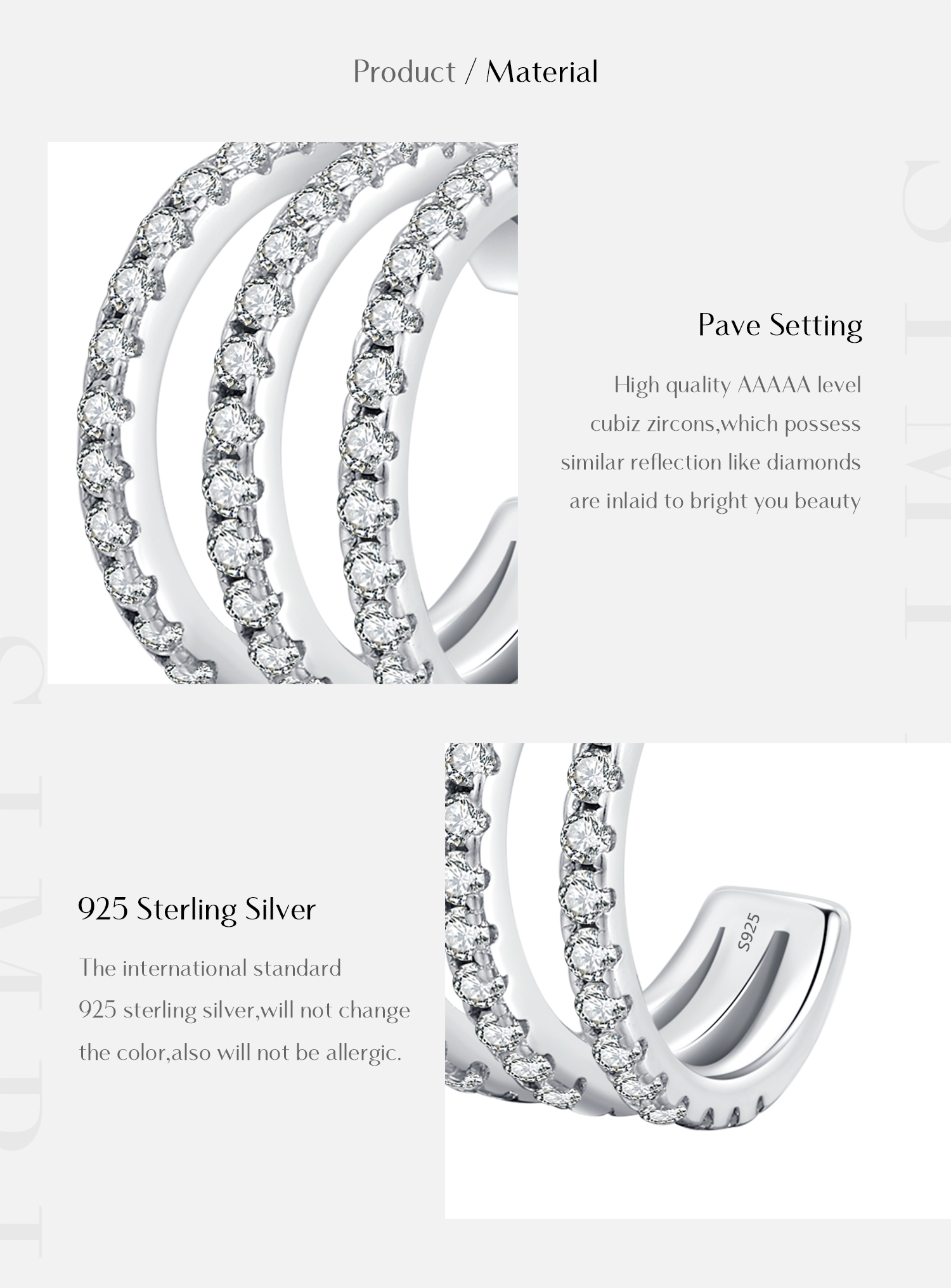 Mode S925 Sterling Argent Trois-couche Diamant-intégré Oreille Clip Punk Non-percé Boucles D'oreilles display picture 8