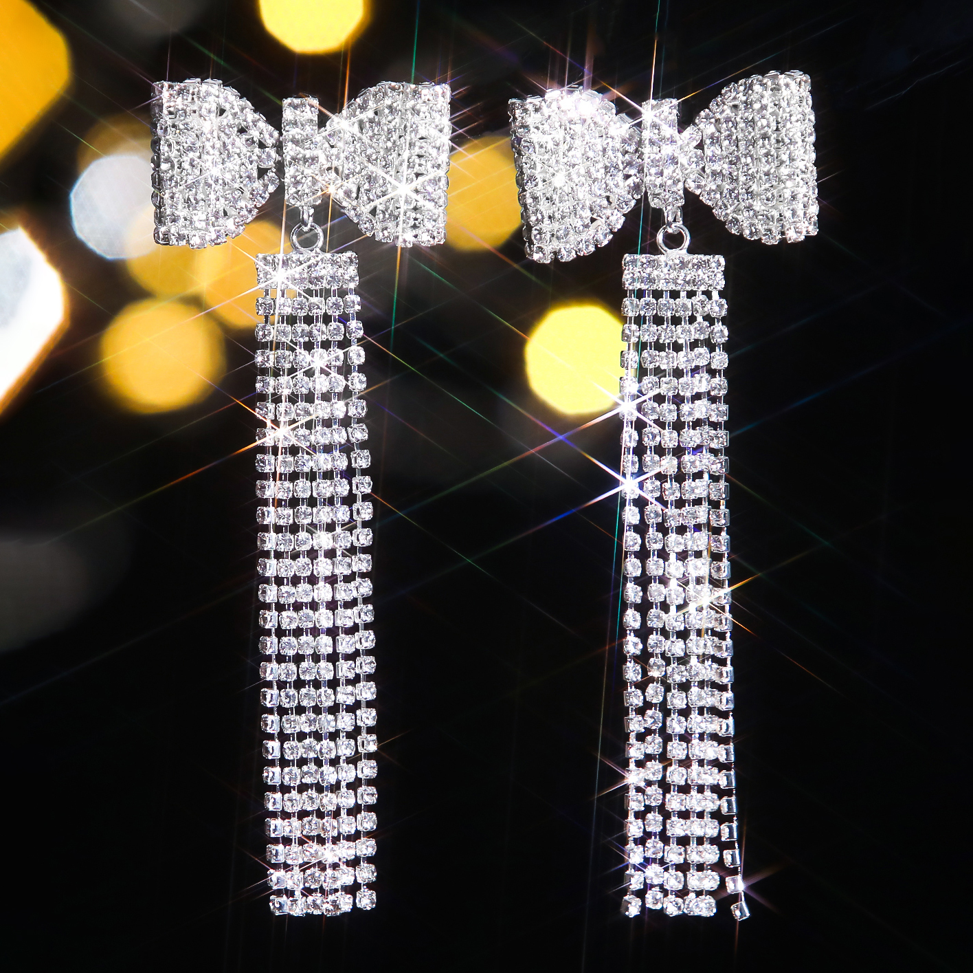 1 Pair Luxurious Shiny Tassel Bow Knot Inlay Alloy Rhinestones Drop Earrings display picture 2
