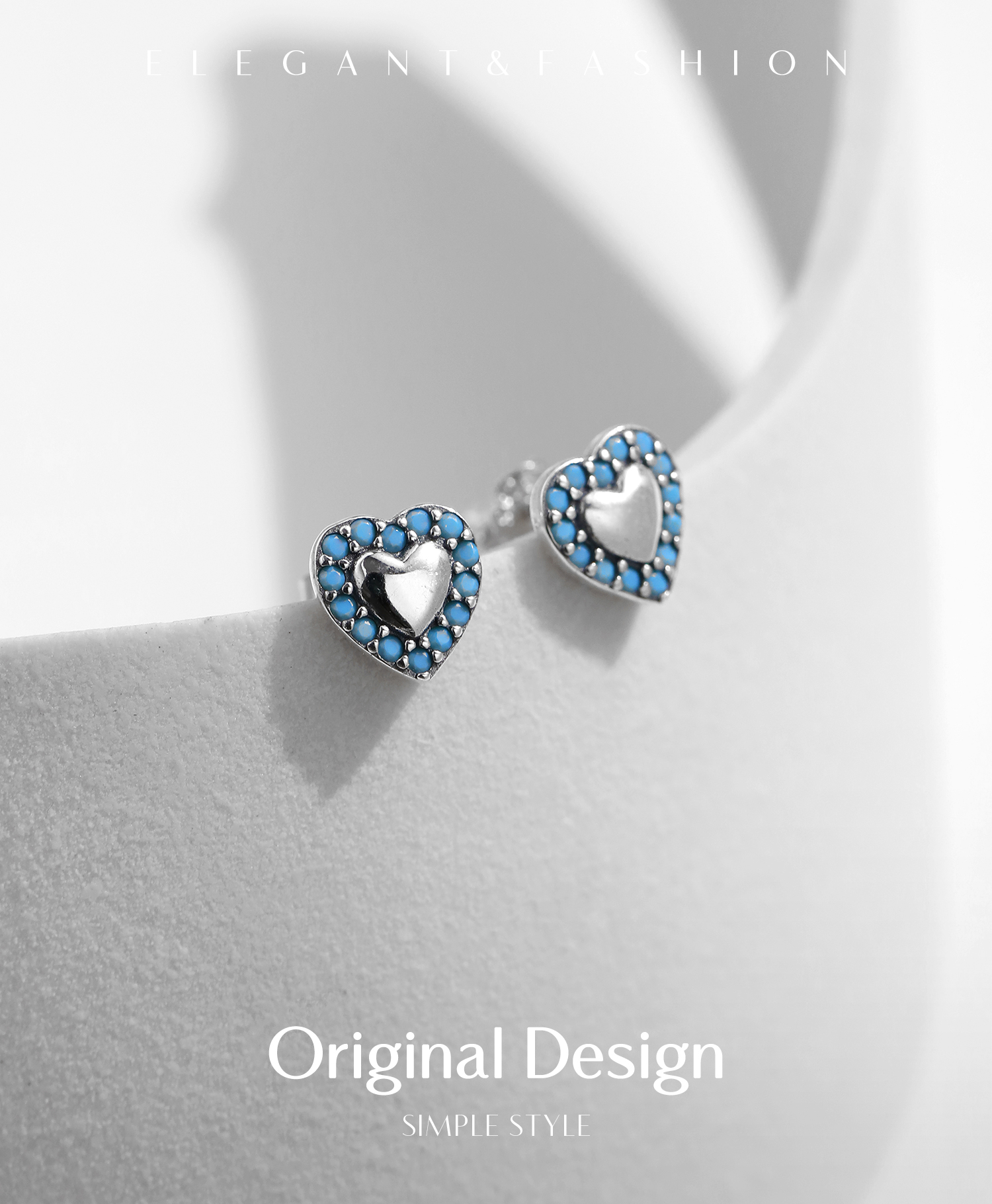 1 Pair Retro Simple Style Heart Shape Inlay Sterling Silver Turquoise Ear Studs display picture 1