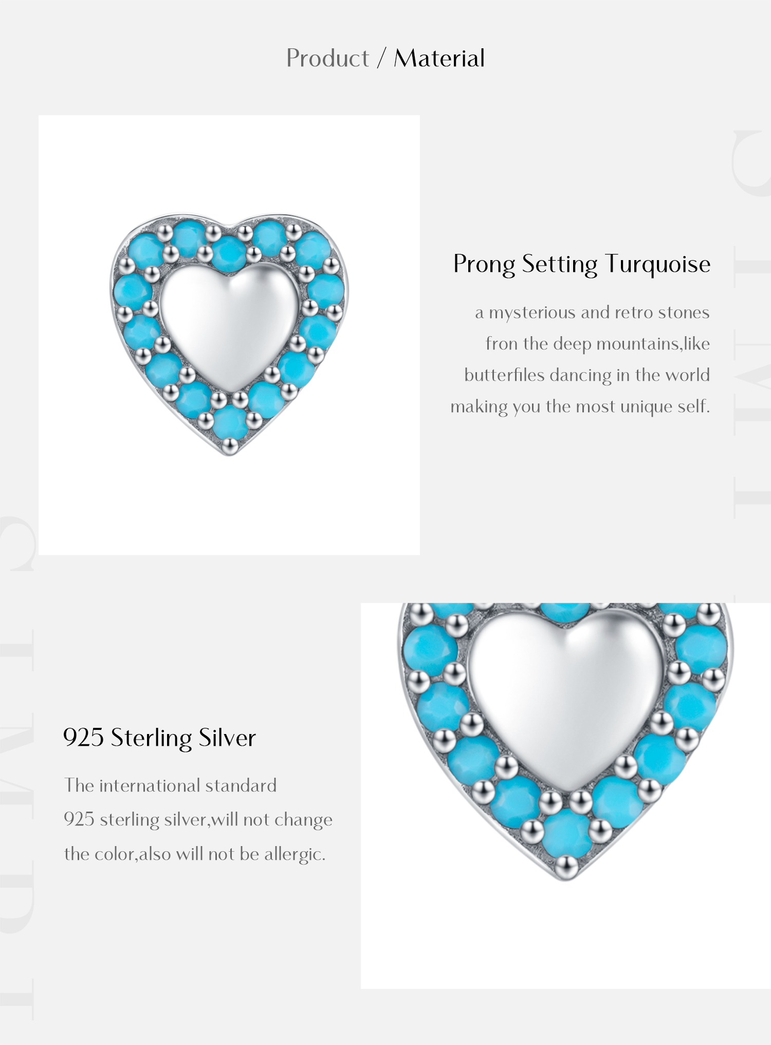 1 Pair Retro Simple Style Heart Shape Inlay Sterling Silver Turquoise Ear Studs display picture 3
