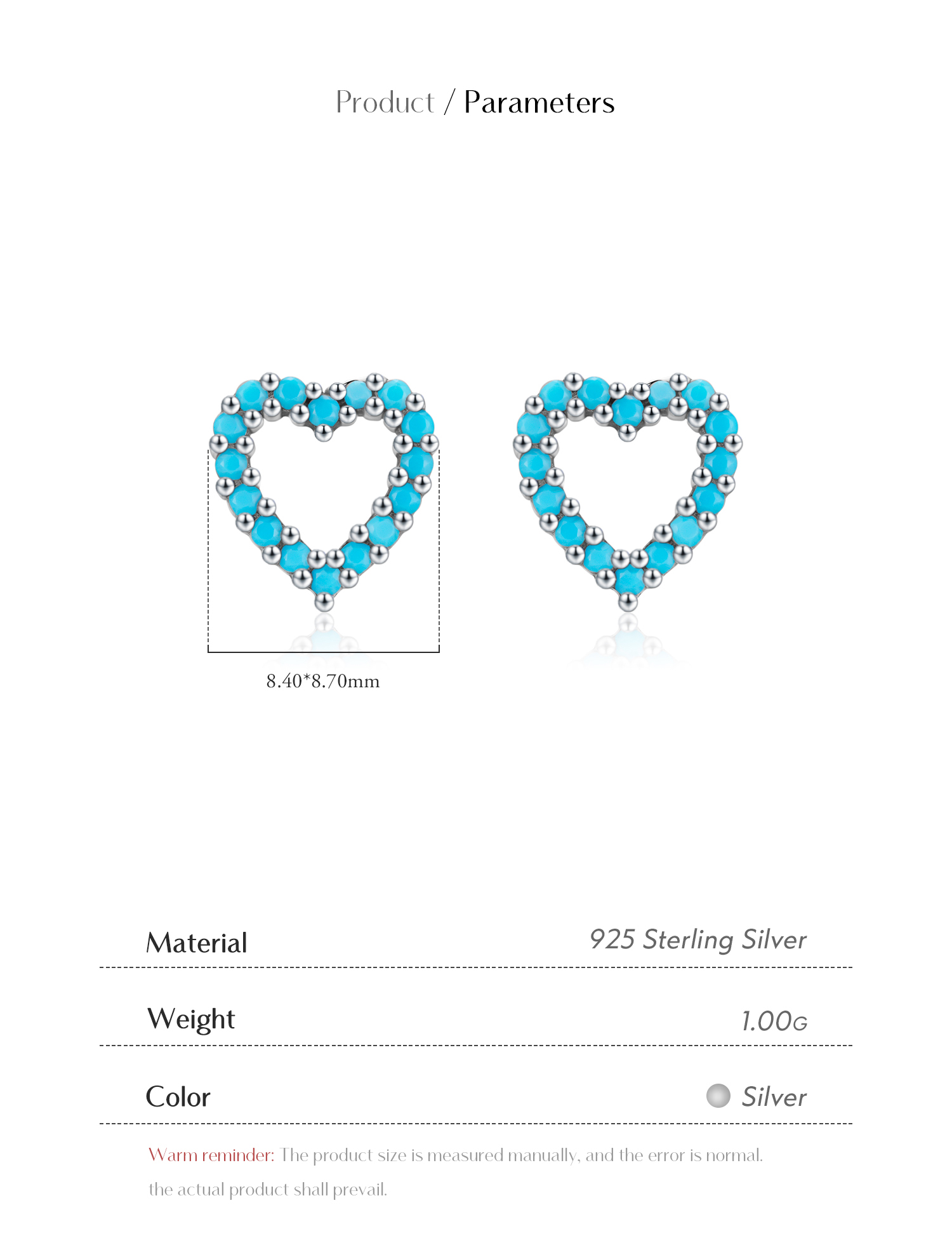 1 Pair Simple Style Heart Shape Hollow Out Inlay Sterling Silver Turquoise Ear Studs display picture 4