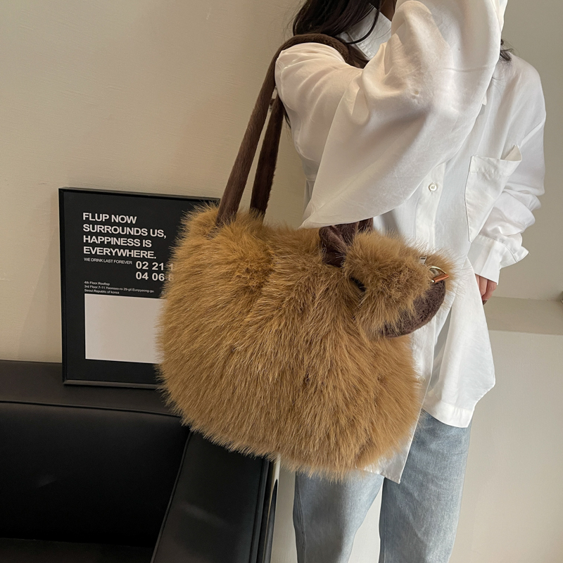 Women's Plush Solid Color Vintage Style Classic Style Sewing Thread Square Zipper Shoulder Bag display picture 2