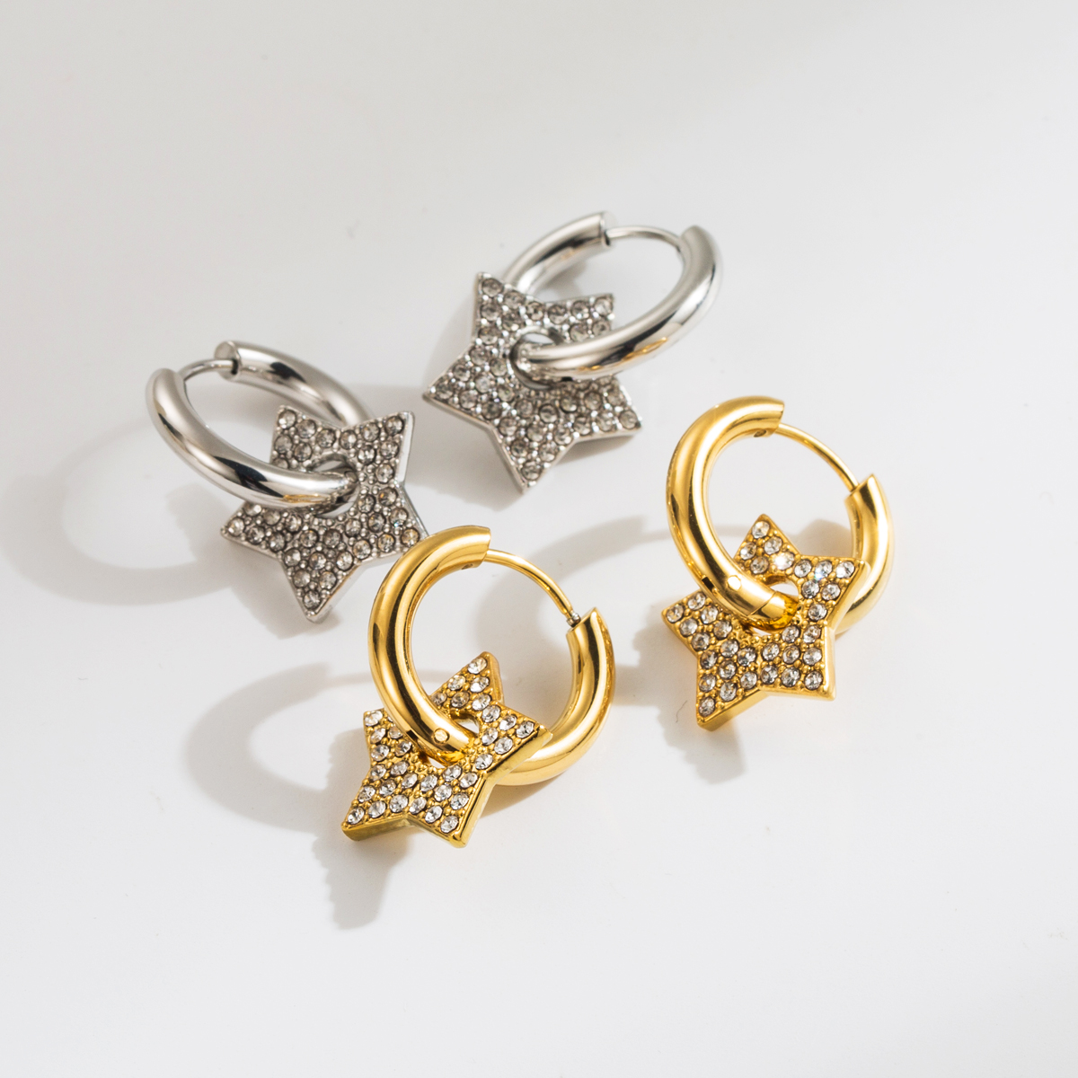 1 Pair Simple Style Pentagram Stainless Steel Rhinestones Drop Earrings display picture 1