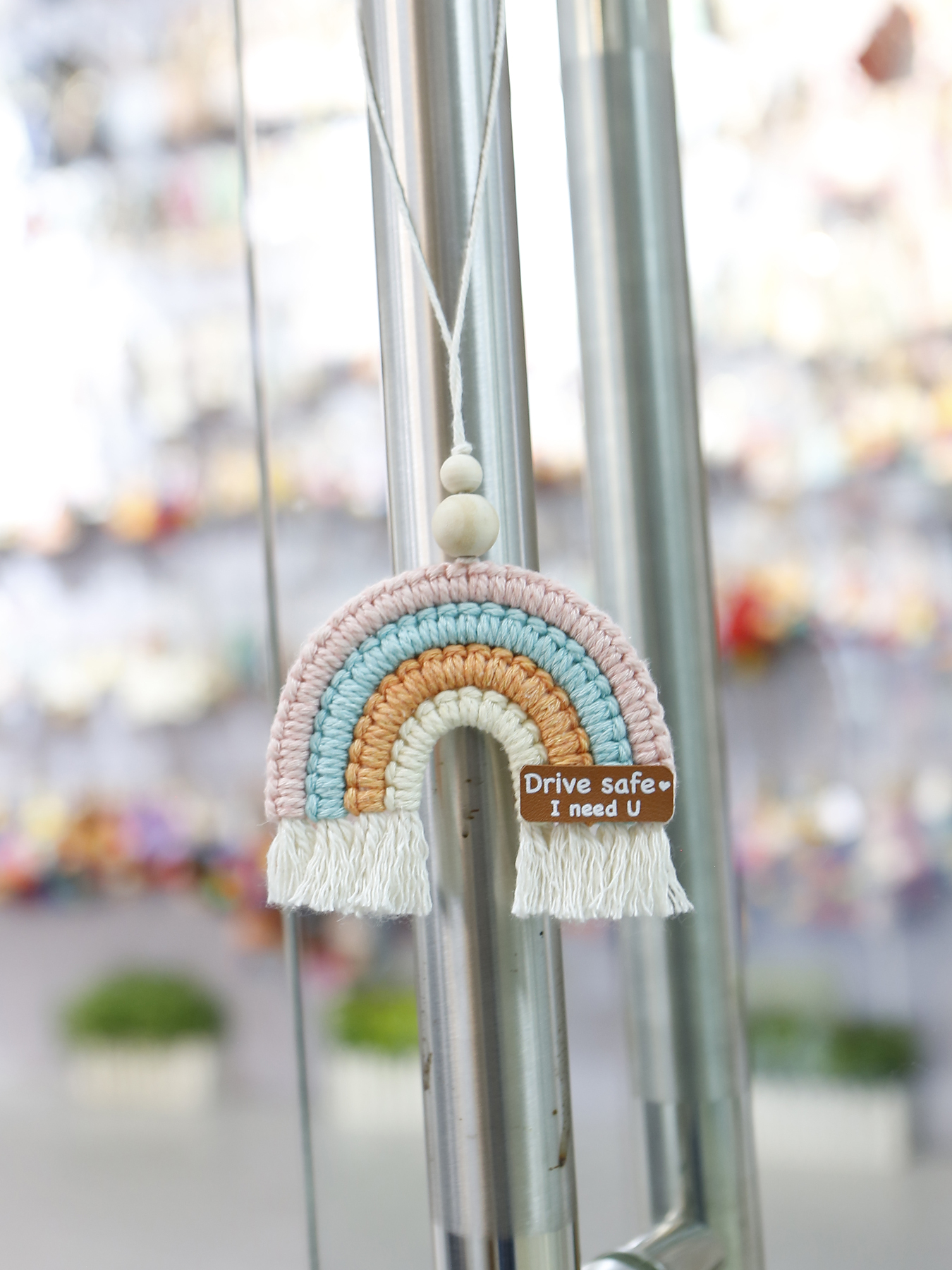 New Rainbow Handbag Pendant Home Hanging Decoration Hand-woven Pastoral Nordic Style Driving Warning Slogan Automobile Hanging Ornament display picture 5