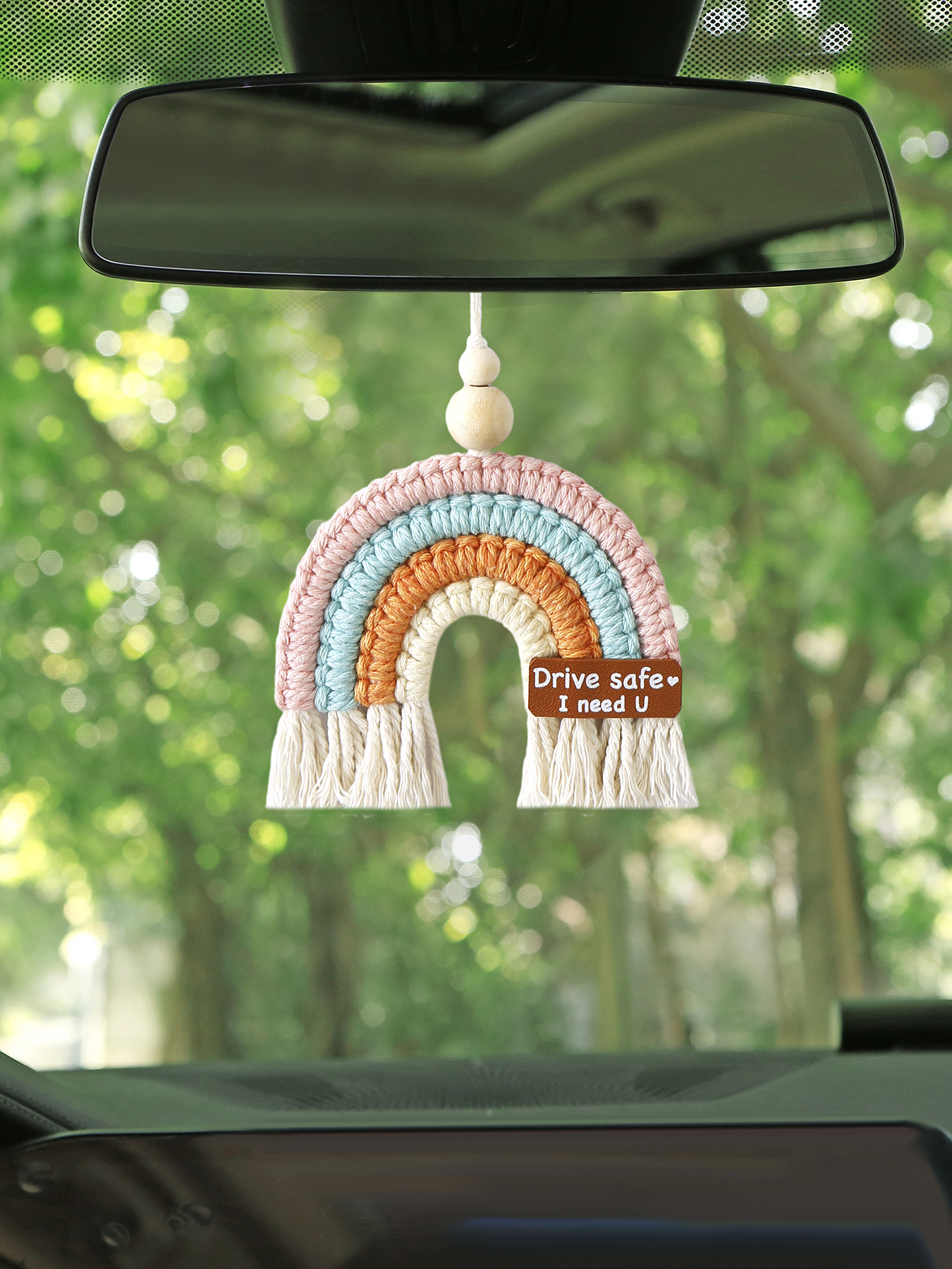 New Rainbow Handbag Pendant Home Hanging Decoration Hand-woven Pastoral Nordic Style Driving Warning Slogan Automobile Hanging Ornament display picture 8