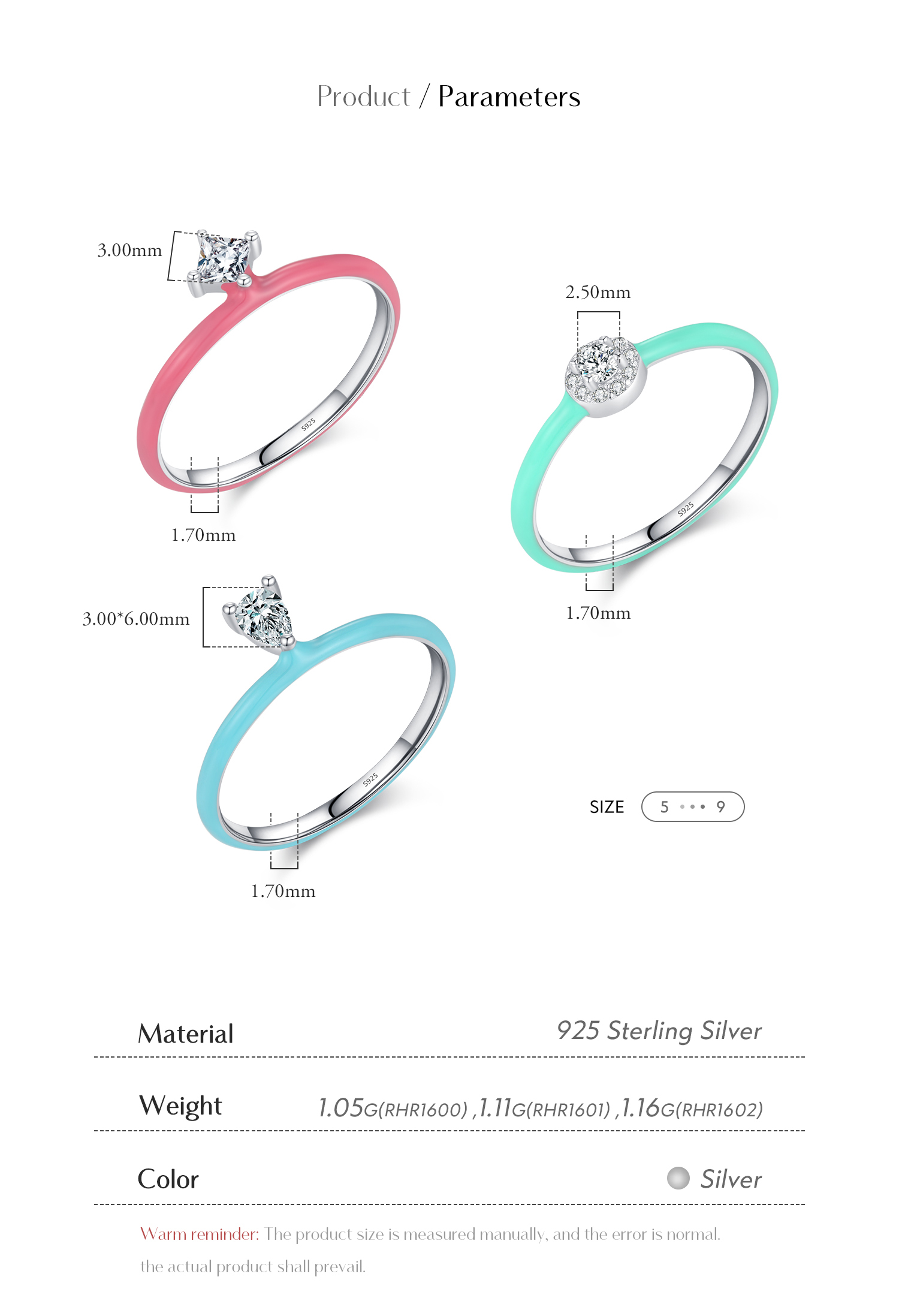 Sterling Silver Ig Style Sweet Square Water Droplets Epoxy Plating Zircon Rings display picture 4