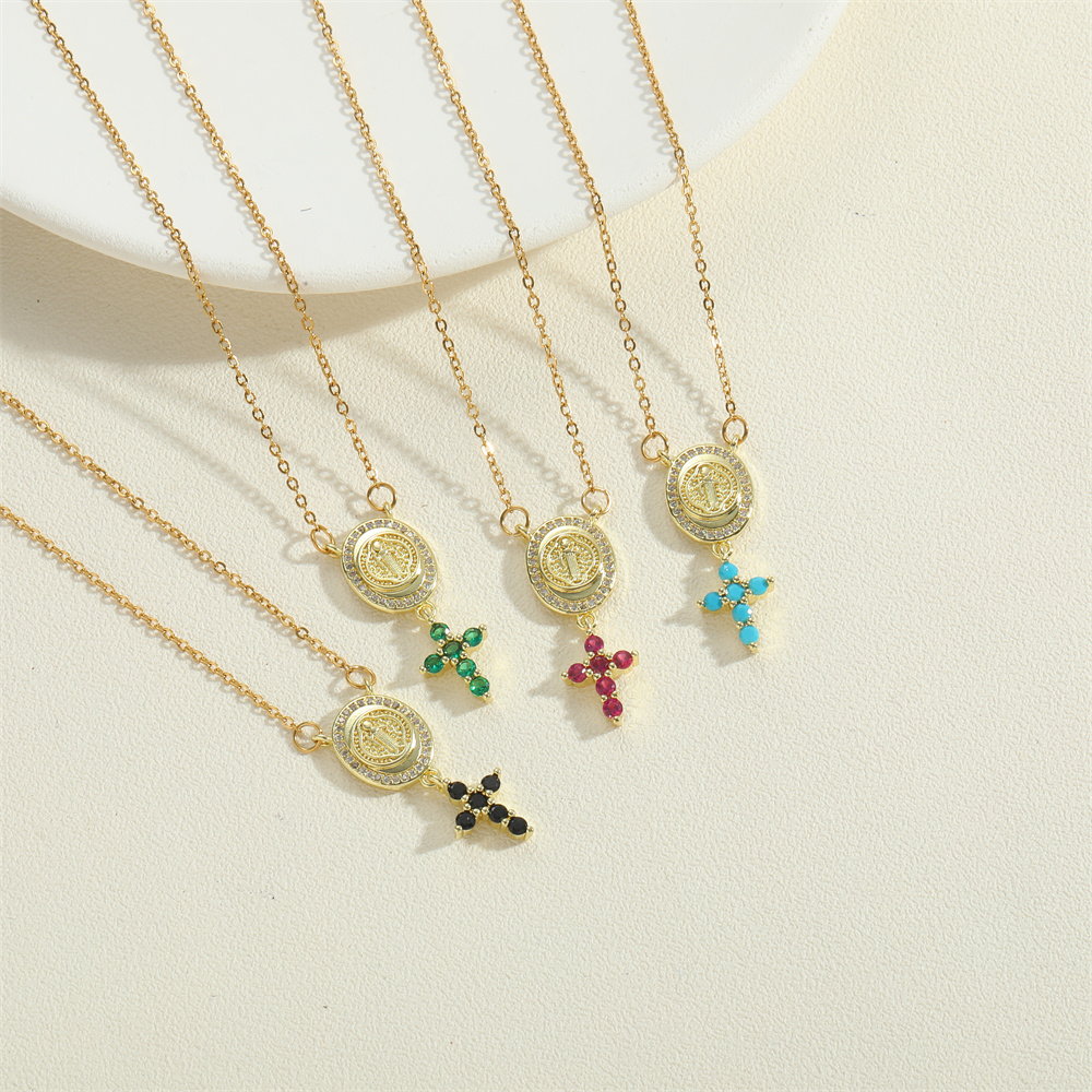 Copper Vintage Style Simple Style Cross Plating Inlay Zircon Pendant Necklace display picture 6