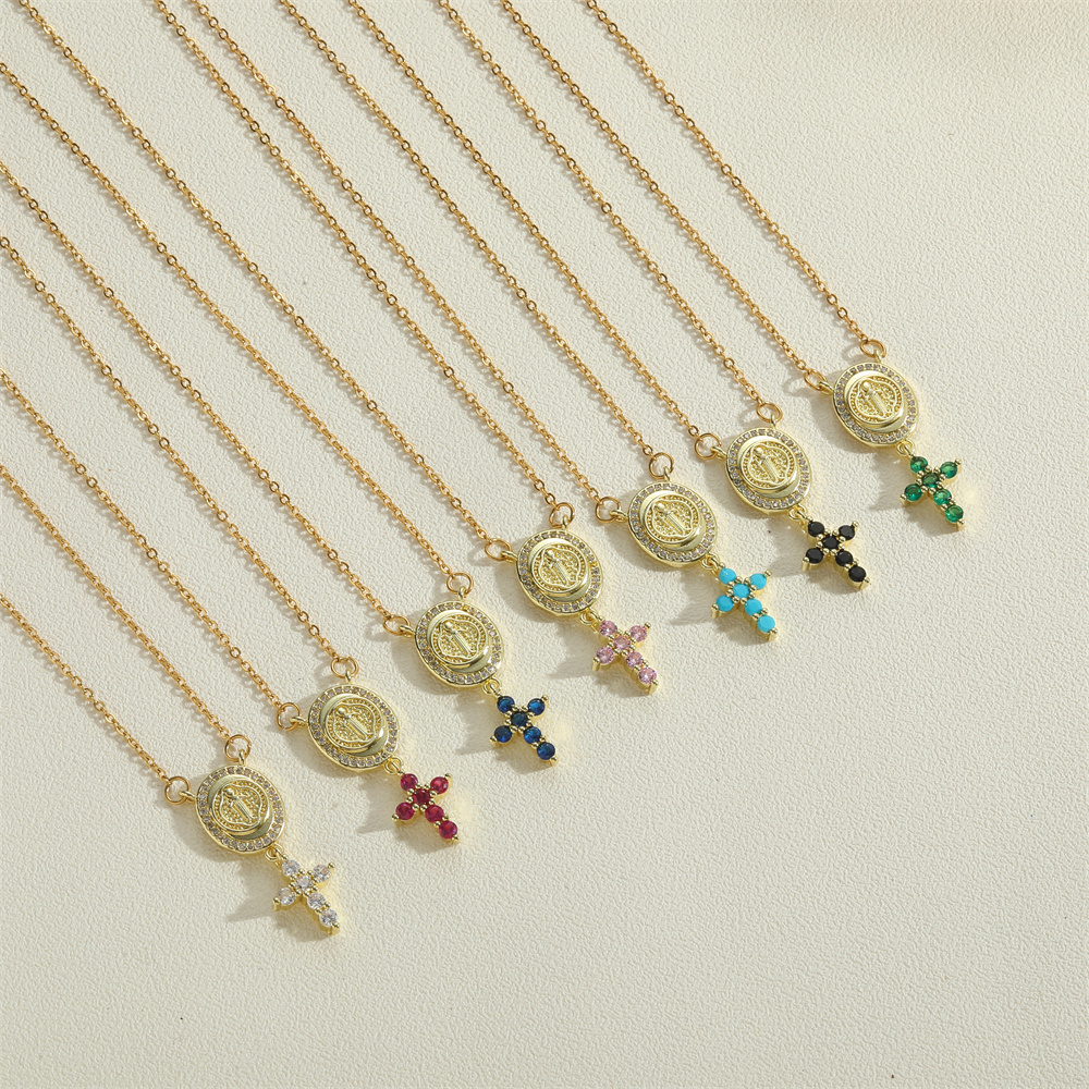 Copper Vintage Style Simple Style Cross Plating Inlay Zircon Pendant Necklace display picture 8