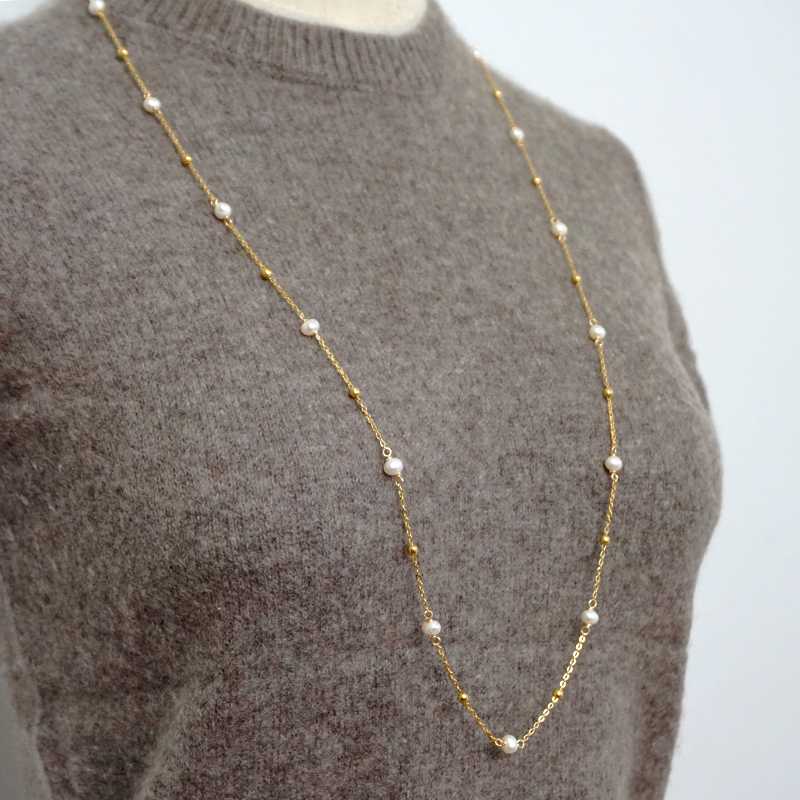 304 Stainless Steel Freshwater Pearl Titanium Steel Gold Plated Simple Style Classic Style Beaded Plating Round Sweater Chain Long Necklace display picture 4