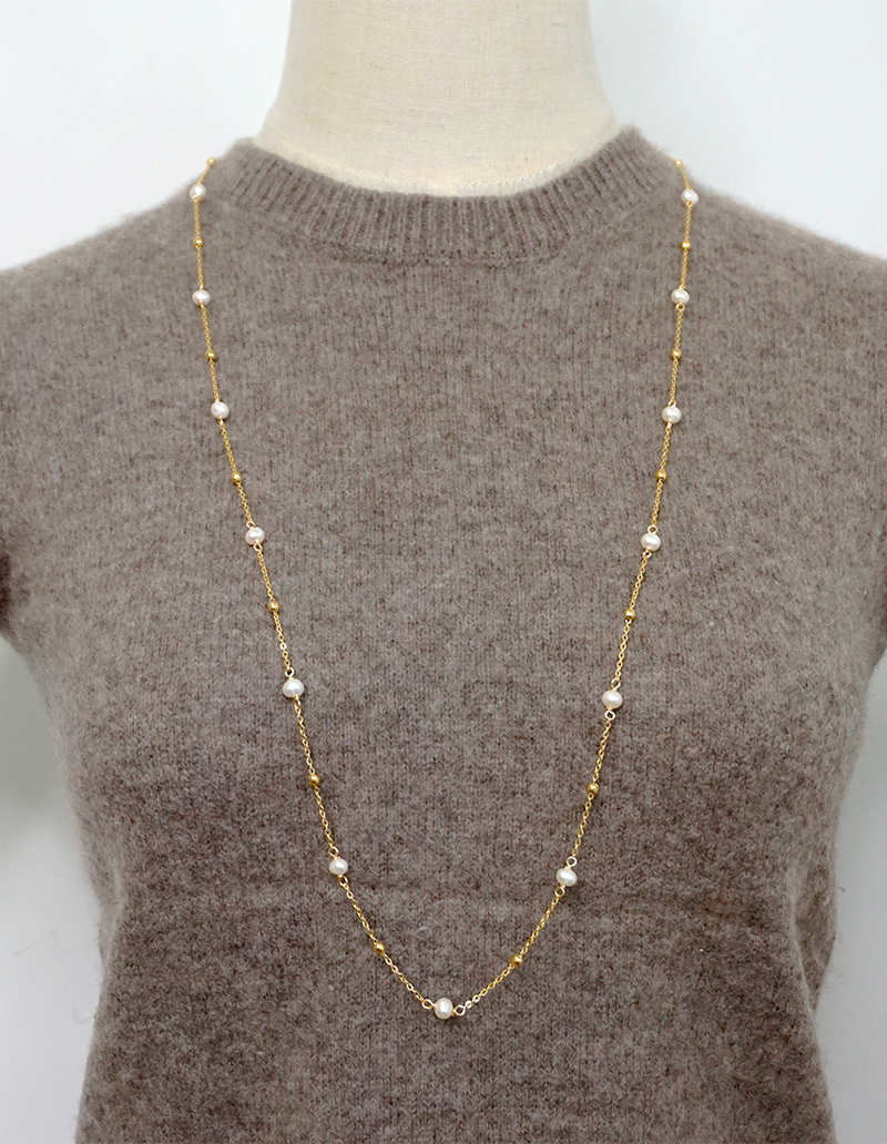 304 Stainless Steel Freshwater Pearl Titanium Steel Gold Plated Simple Style Classic Style Beaded Plating Round Sweater Chain Long Necklace display picture 7