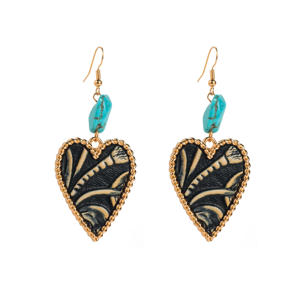 1 Pair Elegant Vintage Style Heart Shape Plating Inlay Alloy Artificial Leather Turquoise Drop Earrings display picture 7