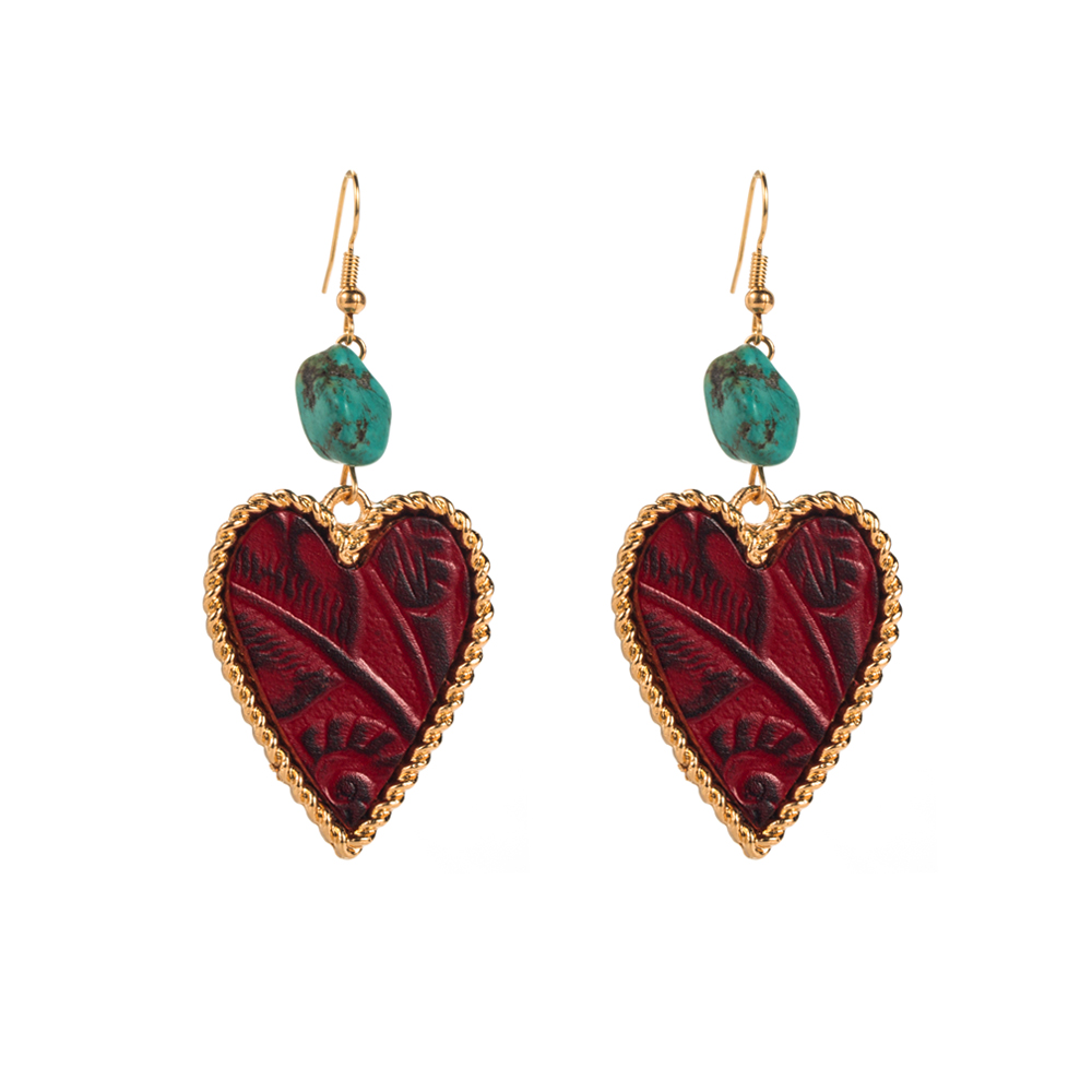 1 Pair Elegant Vintage Style Heart Shape Plating Inlay Alloy Artificial Leather Turquoise Drop Earrings display picture 6