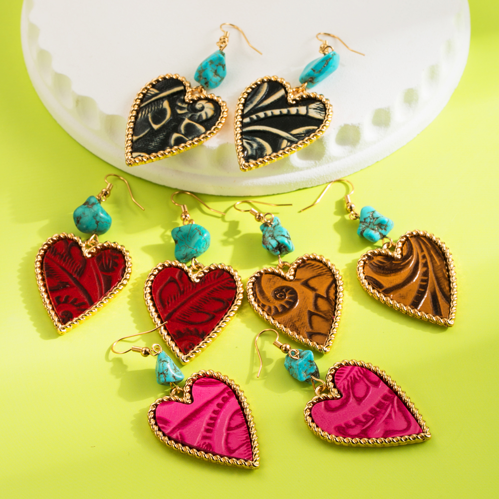 1 Pair Elegant Vintage Style Heart Shape Plating Inlay Alloy Artificial Leather Turquoise Drop Earrings display picture 2