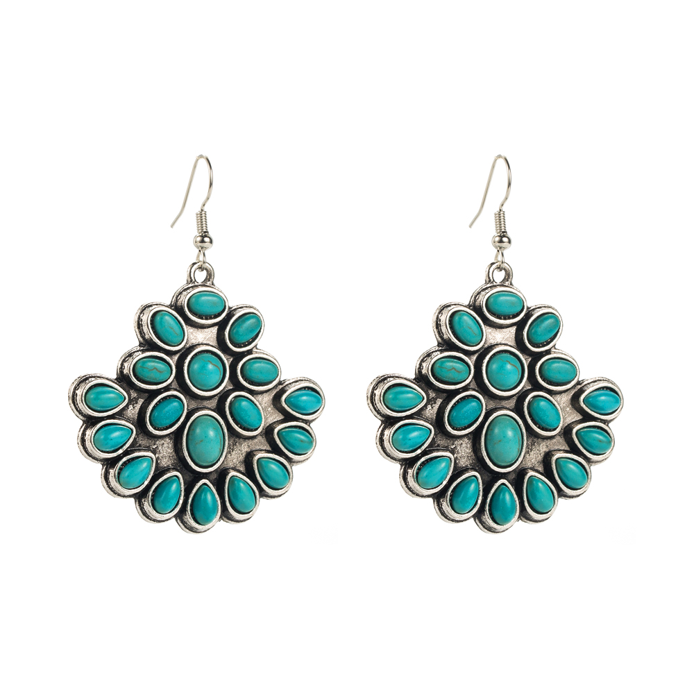 1 Pair Elegant Vintage Style Classic Style Oval Inlay Alloy Turquoise Silver Plated Drop Earrings display picture 5