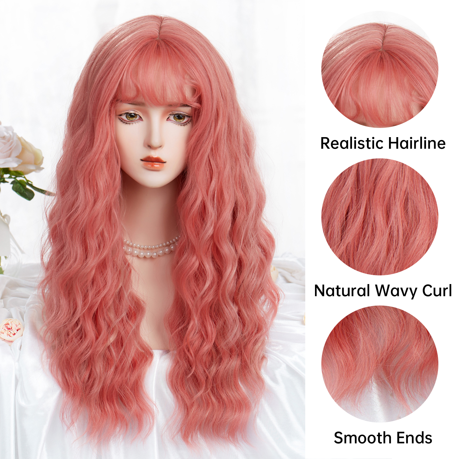 Women's Cute Lolita Pink Casual Holiday Chemical Fiber Bangs Long Curly Hair Wig Net display picture 5