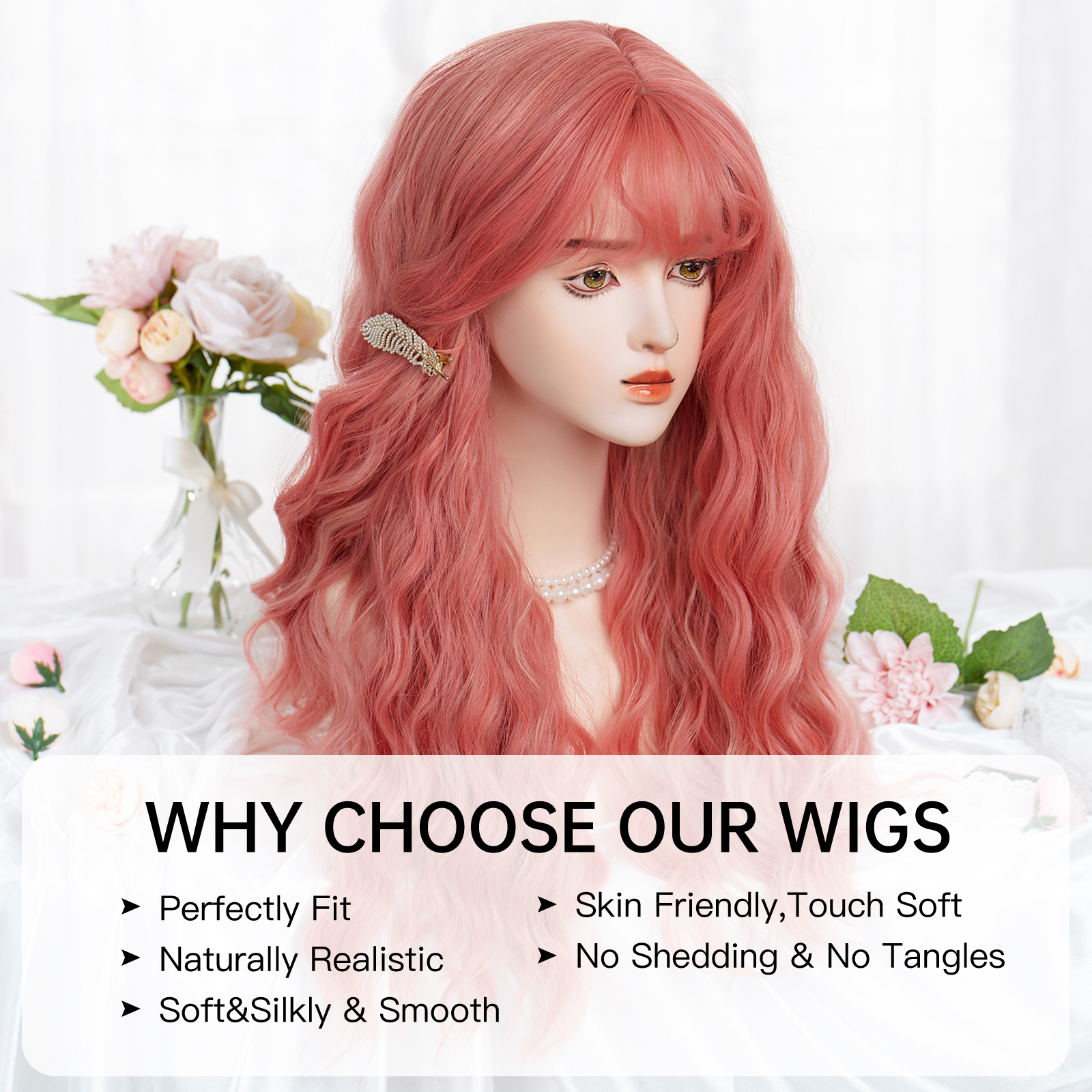 Women's Cute Lolita Pink Casual Holiday Chemical Fiber Bangs Long Curly Hair Wig Net display picture 1