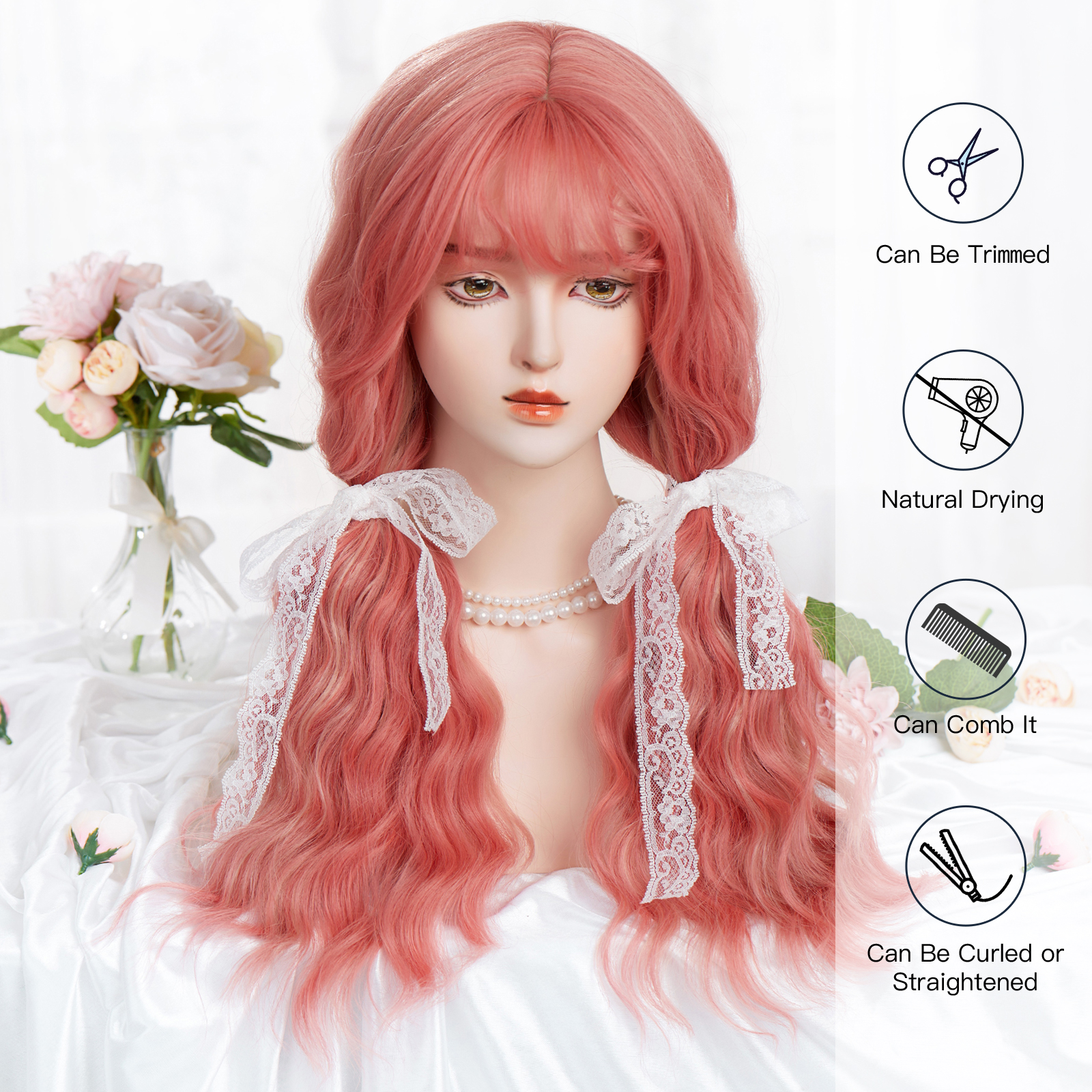 Women's Cute Lolita Pink Casual Holiday Chemical Fiber Bangs Long Curly Hair Wig Net display picture 2