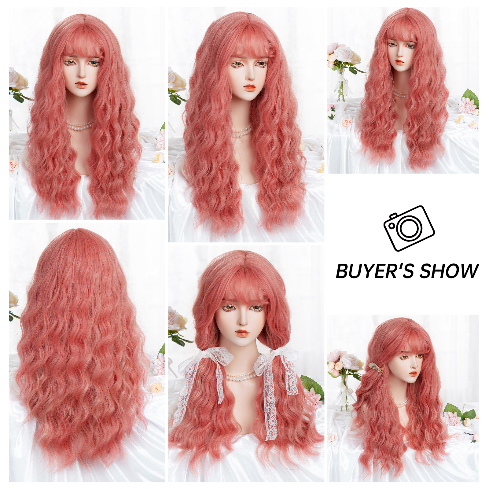 Women's Cute Lolita Pink Casual Holiday Chemical Fiber Bangs Long Curly Hair Wig Net display picture 3