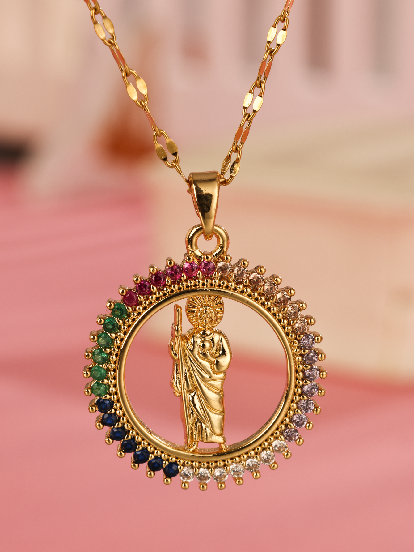 Elegant Virgin Mary Oval Stainless Steel Plating Hollow Out Inlay Zircon 18k Gold Plated Pendant Necklace display picture 1