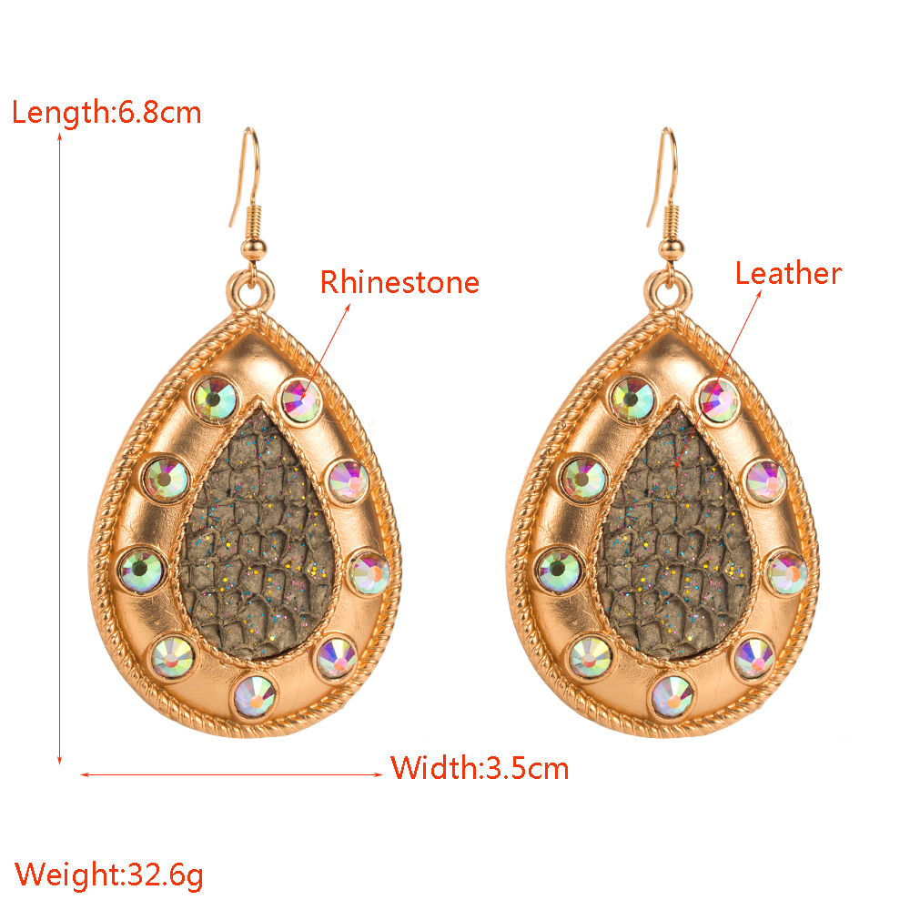 1 Pair Glam Vintage Style Water Droplets Plating Inlay Alloy Artificial Leather Rhinestones Drop Earrings display picture 1