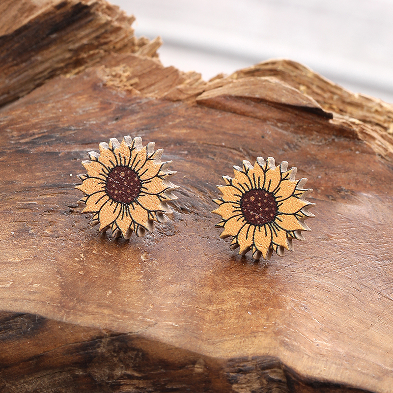 1 Pair Simple Style Sunflower Wood Ear Studs display picture 11