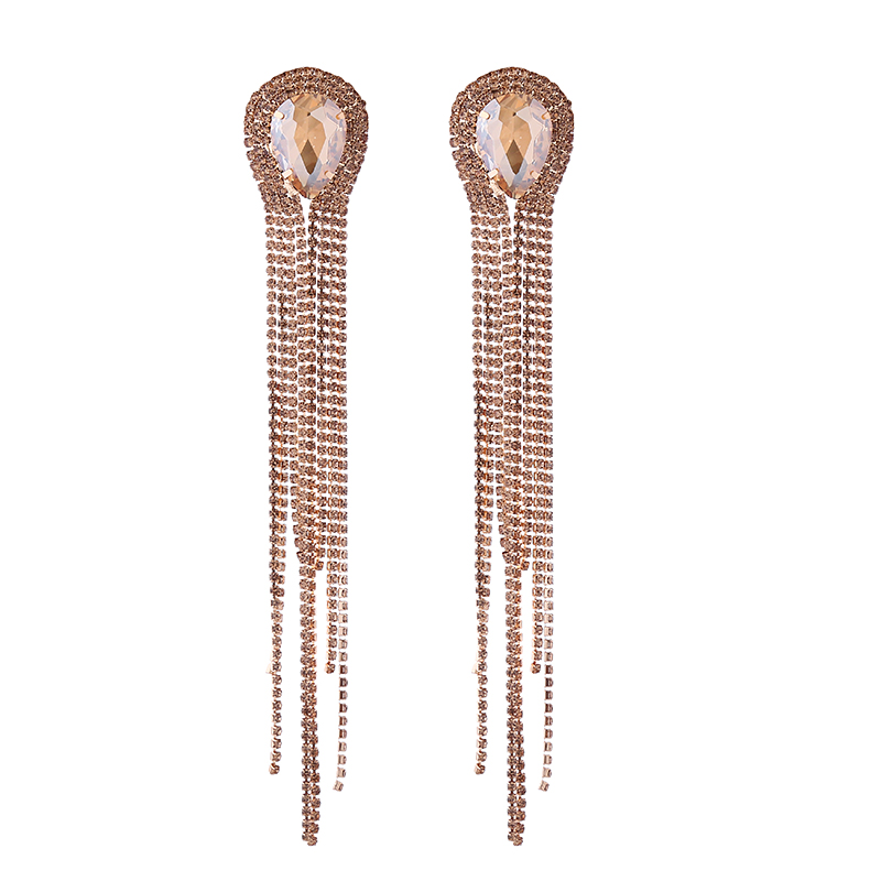 1 Pair Elegant Luxurious Water Droplets Tassel Plating Inlay Alloy Rhinestones Glass Gold Plated Drop Earrings display picture 6