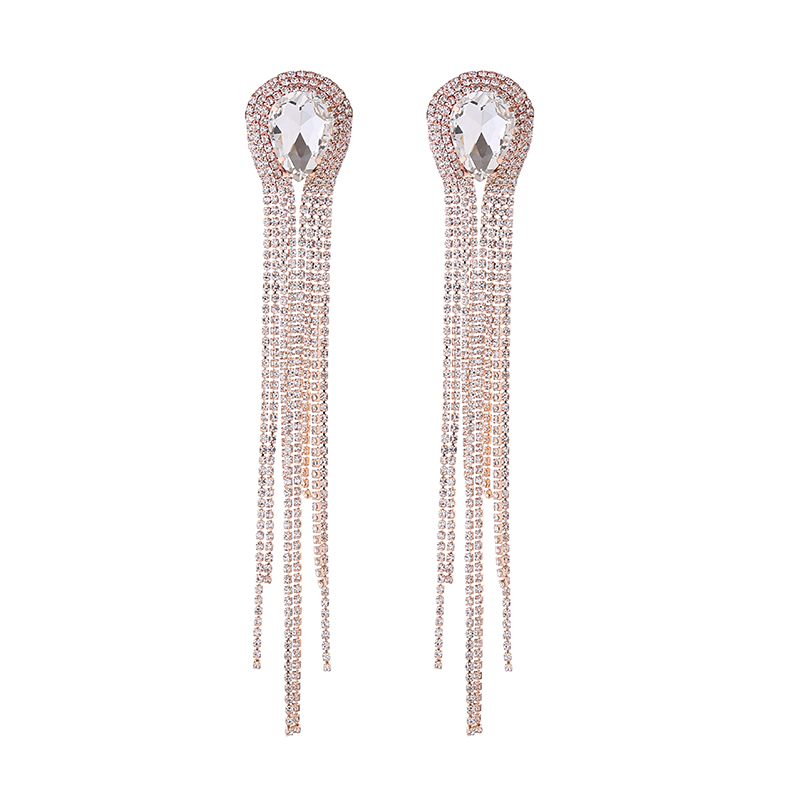 1 Pair Elegant Luxurious Water Droplets Tassel Plating Inlay Alloy Rhinestones Glass Gold Plated Drop Earrings display picture 9
