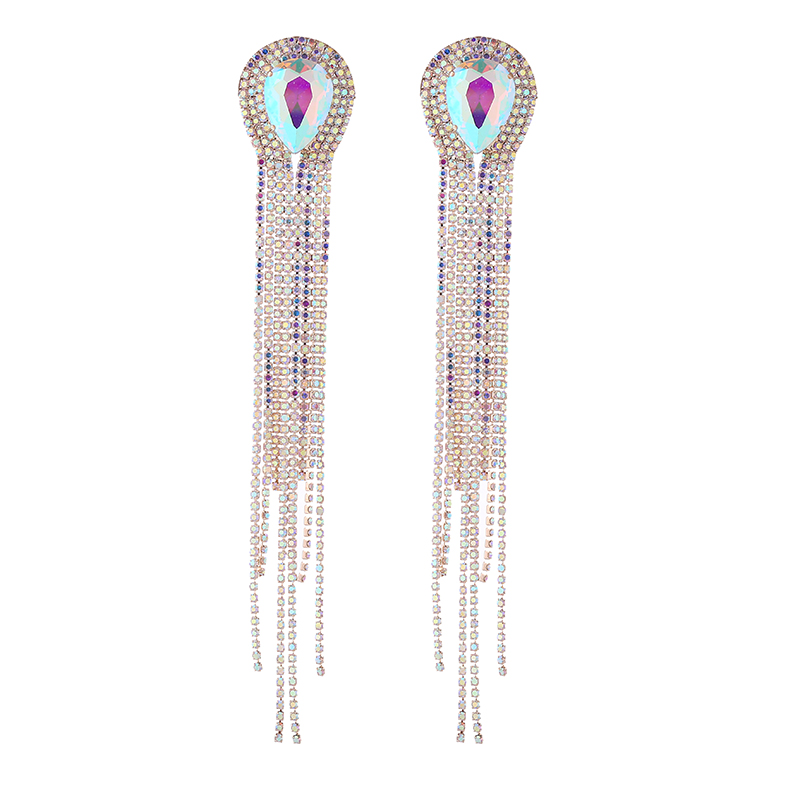 1 Pair Elegant Luxurious Water Droplets Tassel Plating Inlay Alloy Rhinestones Glass Gold Plated Drop Earrings display picture 8