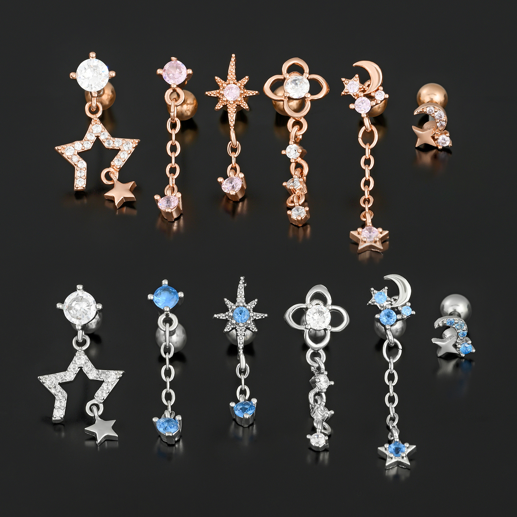 1 Piece Ig Style Simple Style Geometric Star Moon Plating Inlay Brass Zircon 18k Gold Plated White Gold Plated Ear Studs display picture 2