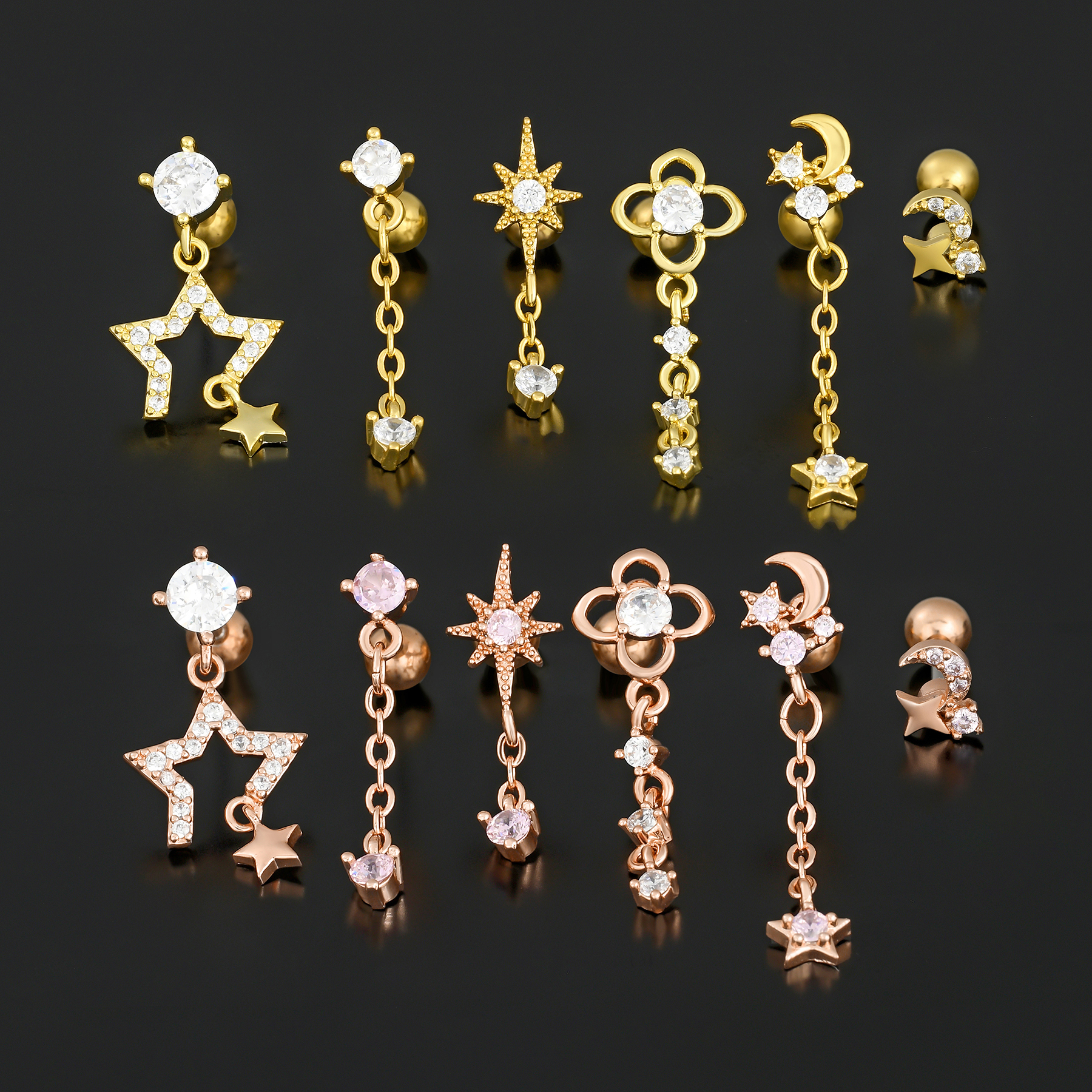 1 Piece Ig Style Simple Style Geometric Star Moon Plating Inlay Brass Zircon 18k Gold Plated White Gold Plated Ear Studs display picture 4