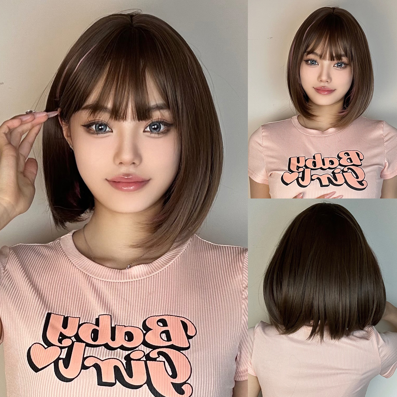 Women's Sweet Brown Pink Casual Stage Chemical Fiber Bangs Short Straight Hair Wig Net display picture 2