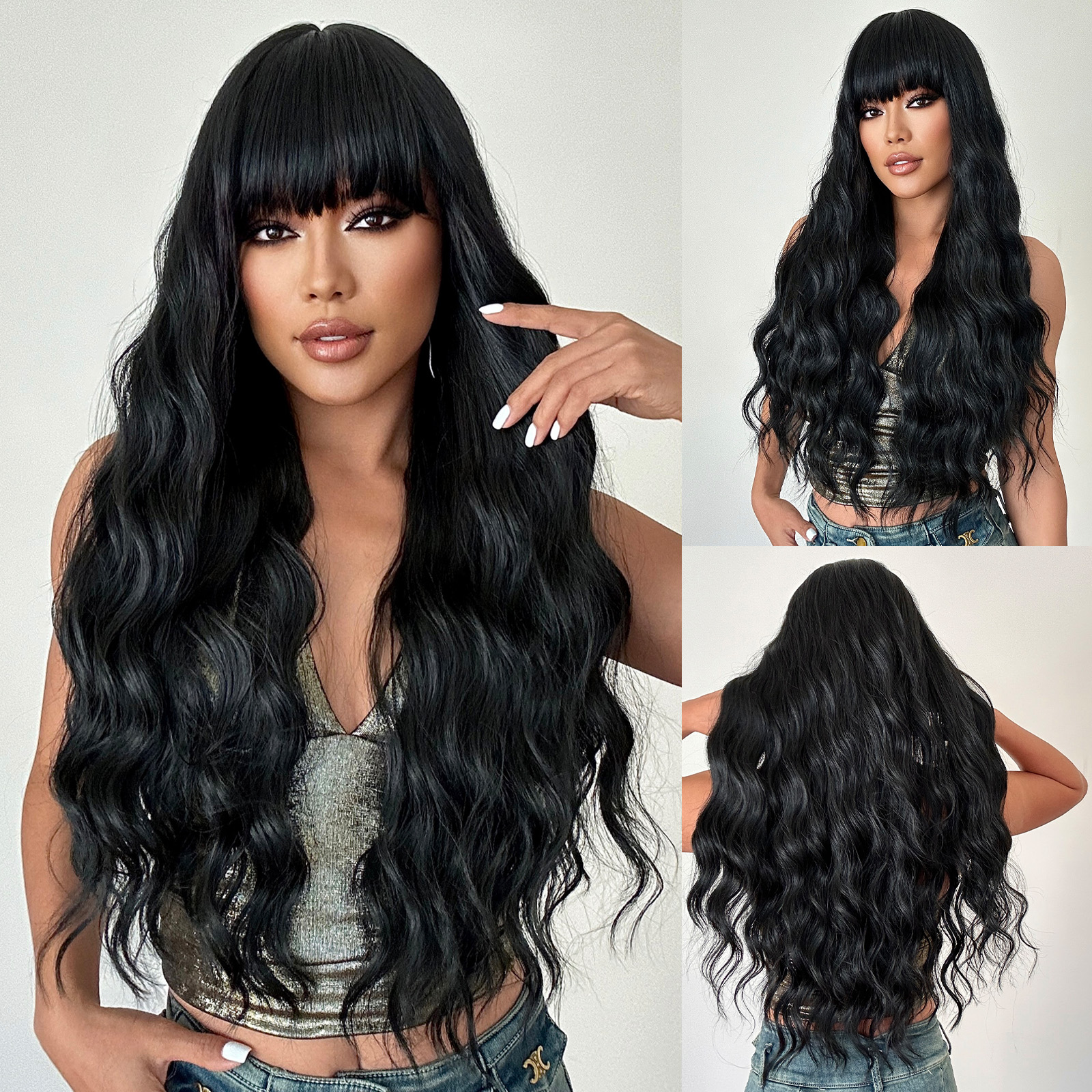 Women's Elegant Black Casual Chemical Fiber Bangs Long Curly Hair Wig Net display picture 1