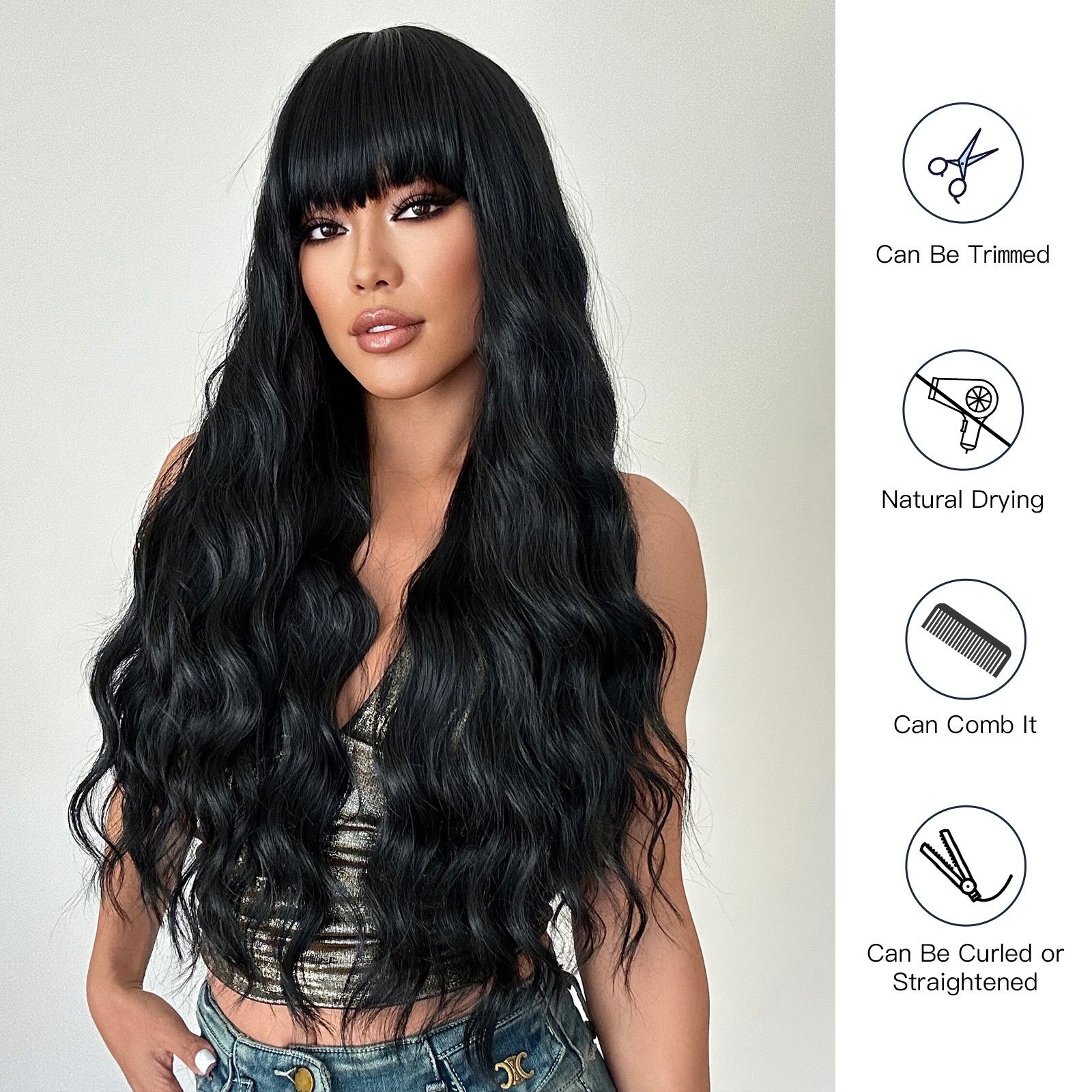 Women's Elegant Black Casual Chemical Fiber Bangs Long Curly Hair Wig Net display picture 7