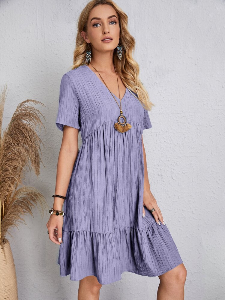 Women's Regular Dress Elegant V Neck Pleated Short Sleeve Solid Color Knee-length Daily display picture 11