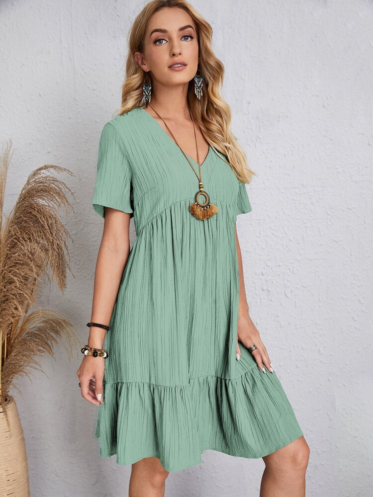 Women's Regular Dress Elegant V Neck Pleated Short Sleeve Solid Color Knee-length Daily display picture 50