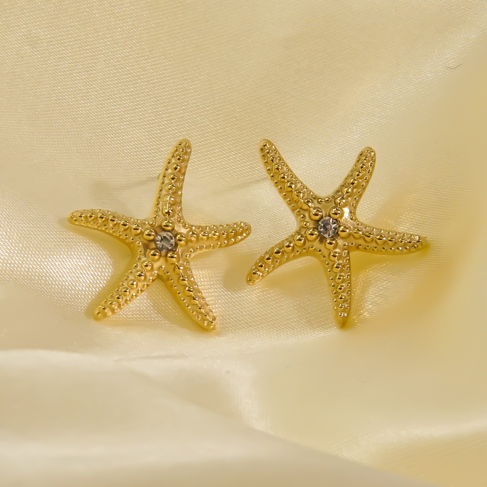 1 Pair Casual Sweet Starfish Inlay 304 Stainless Steel Zircon 18K Gold Plated Drop Earrings Ear Studs display picture 5