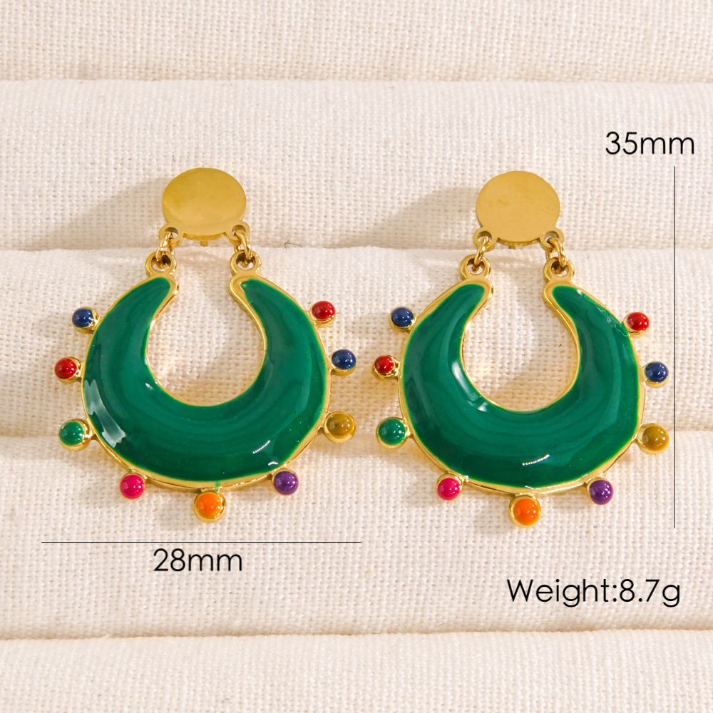 1 Pair Elegant Retro Bohemian Geometric Enamel Plating 304 Stainless Steel 14K Gold Plated Drop Earrings display picture 6