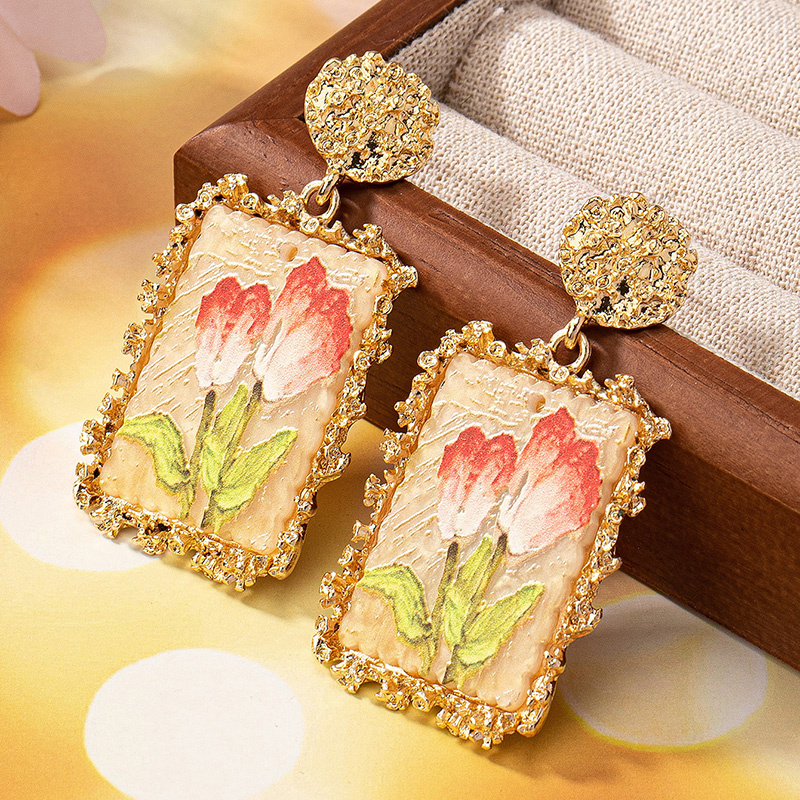 1 Pair Elegant Flower Rectangle Plating Inlay Zinc Alloy Acrylic Drop Earrings display picture 4