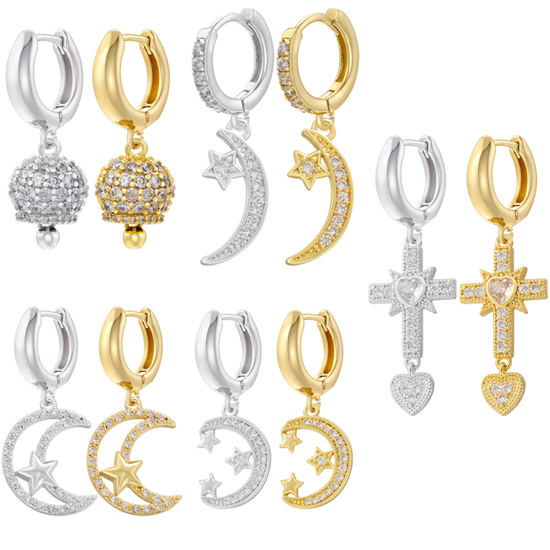 1 Pair Ig Style Cross Moon Bell Plating Inlay Copper Zircon Hoop Earrings display picture 10