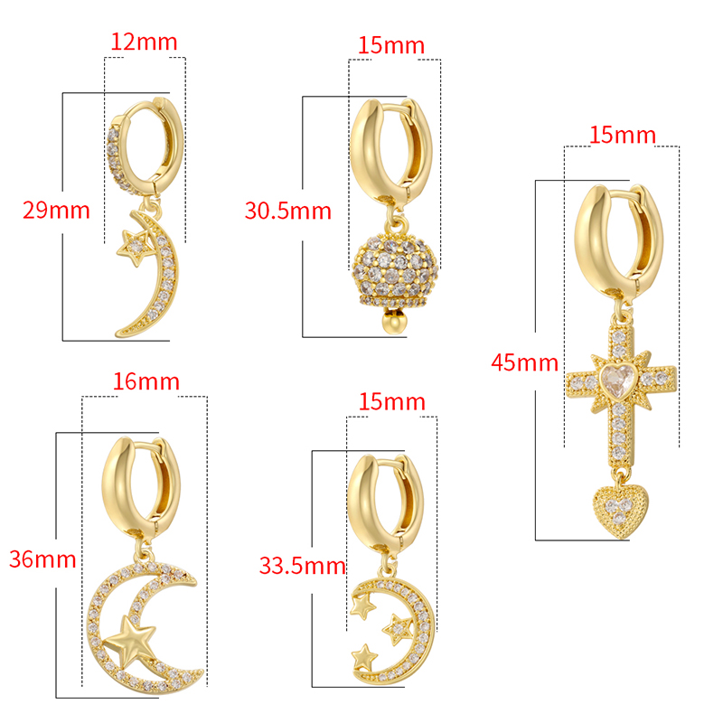 1 Pair Ig Style Cross Moon Bell Plating Inlay Copper Zircon Hoop Earrings display picture 12