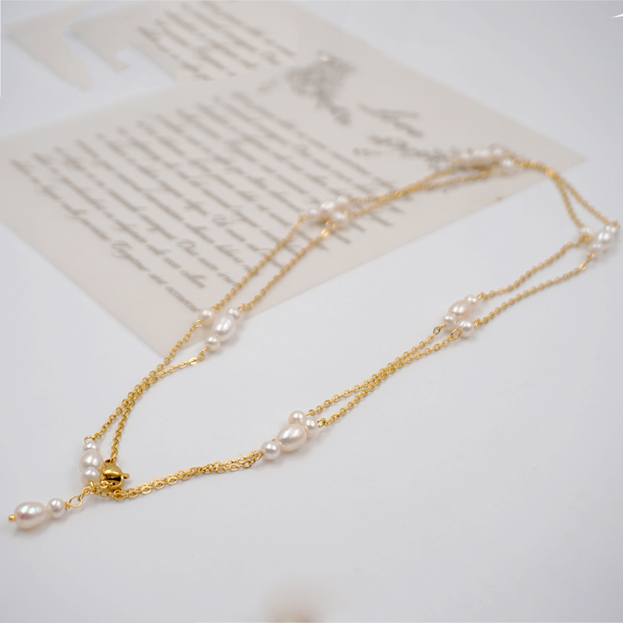 Edelstahl 304 Süßwasserperle Titan Stahl Vergoldet Barocker Stil Ferien Perlen Überzug Geometrisch Halskette display picture 5
